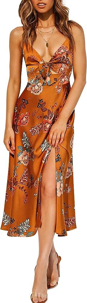 Women Spaghetti Strap Midi Satin Dresses Tie Front Backless Split Hollow Dress | Amazon (US)