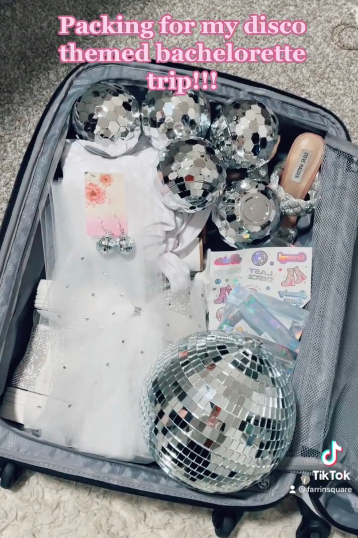 Packing for my bachelorette trip in Scottsdale! 🪩🌵🏜 #discointhedesert #scottsdalebeforetheveil #scottsdale #scottsdalebachelorette #discooutfit #discobachelorette #sequinoutfit #stevemadden #shein #platformheels #discoheels #bacheloretteveil #discoball #bride #bacheloretteoutfit #Whiteheels #sequinheels #bacheloretteparty #rhinestonepurse #nashville 