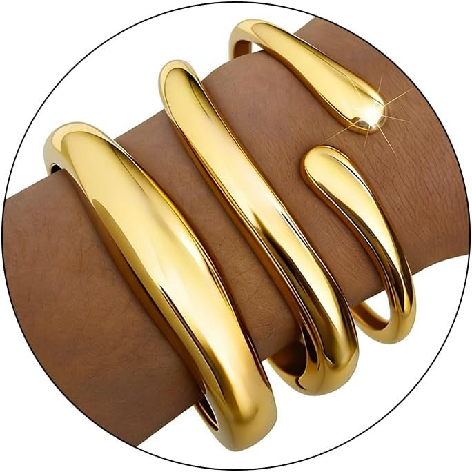 Chunky Gold Bangles for Women, 14k Gold Plated Twisted Hinged Stackable Bangle Bracelet Set, Tren... | Amazon (US)
