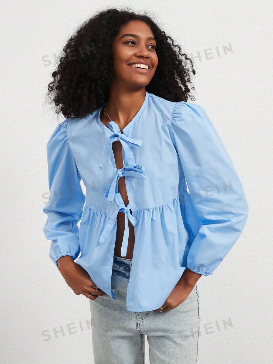 Women's Fashionable Sweet Bow-Tie Detail Tie Up Long Sleeve Shirt | SHEIN