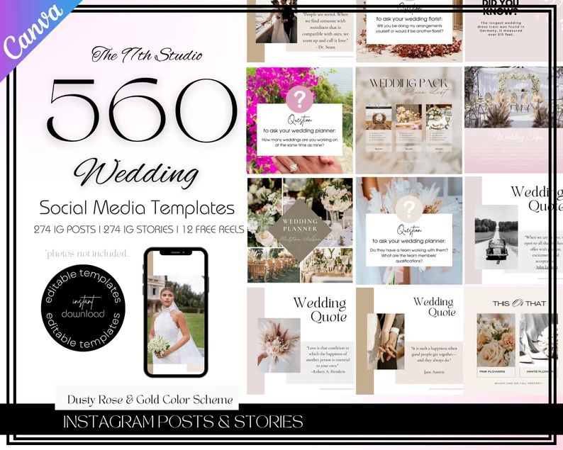 560 Wedding Planner Instagram Templates, Wedding Bundle, Social Media Marketing, Reels, Wedding Q... | Etsy (US)