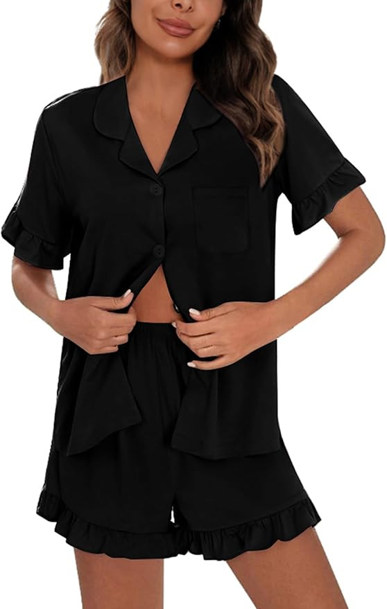 SWOMOG Woman Pajama Set Short Sleeve Pjs Set 2Pcs Short Pajamas Button Down Ruffle Hem Sleepwear ... | Amazon (US)