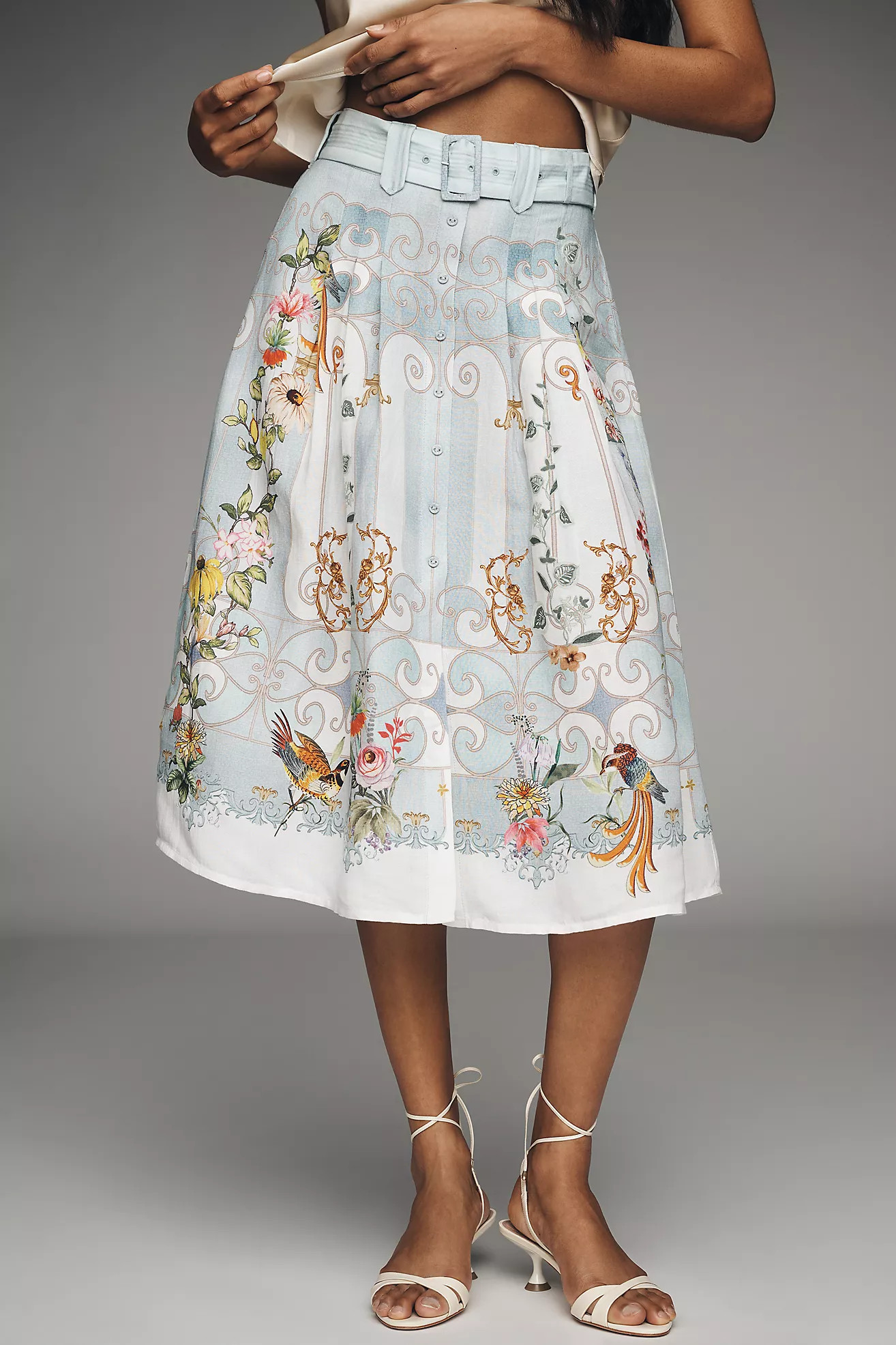 Ranna Gill Linen Blend Belted Seashell Midi Skirt | Anthropologie (US)