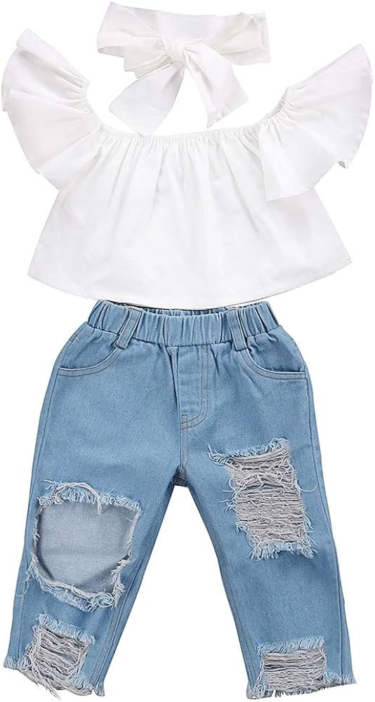 3Pcs Toddler Girl Sunflower Off Sloulder Top Ruffle Blouse + Blue Ripped Long Jeans + Yellow Bowk... | Amazon (US)