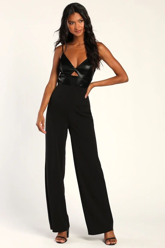 Fit the Fashion Black Sleeveless Vegan Leather Wide Leg Jumpsuit | Lulus (US)