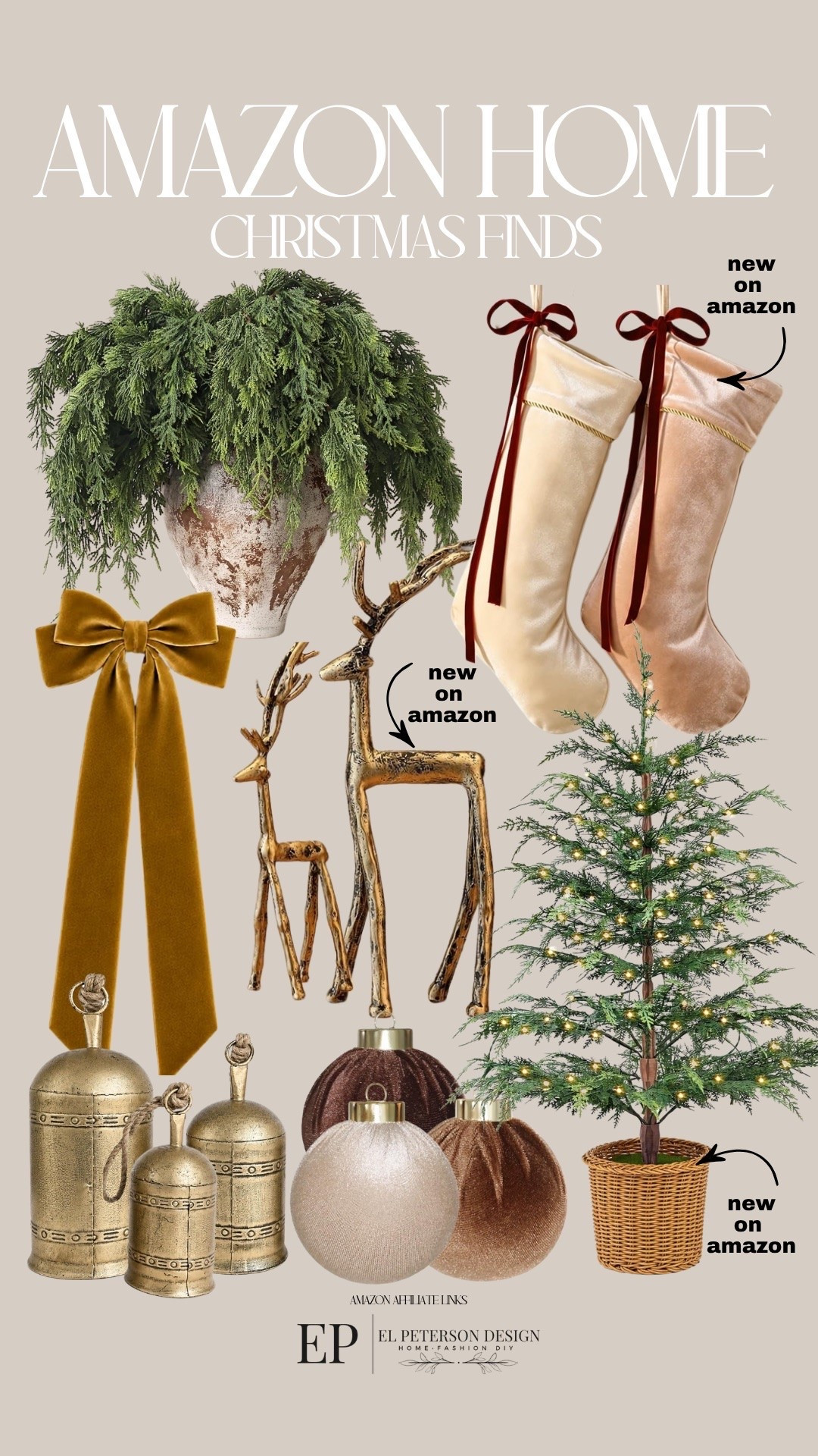 Amazon
Stems
Bows
Bells
Ornaments 
Table top tree
Stockings
Table top reindeer