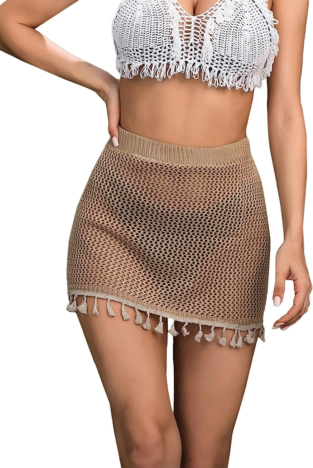 SOLY HUX Women's Elastic Waist Tassel Crochet Hollow Out Sheer Beach Swimwear Cover Up Mini Skirt... | Amazon (US)