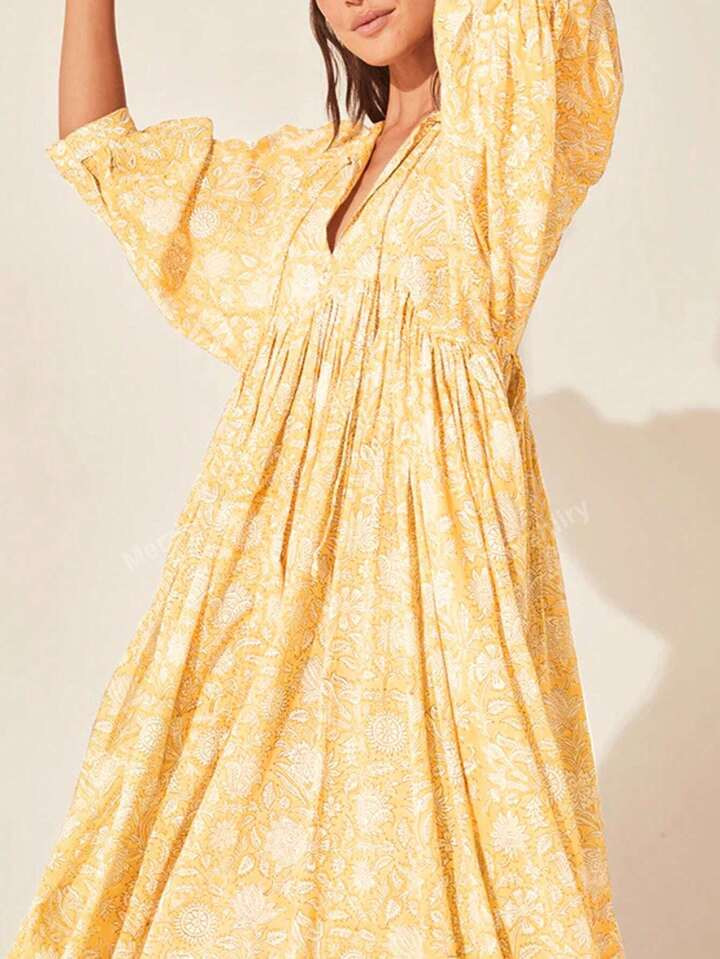 All-Over Printed Tie-Neck Lantern Sleeve Dress, Fashionable Casual Daily Wear | SHEIN USA | SHEIN