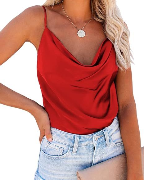Ekouaer Womens Cowl Neck Tank Tops Satin Camisole Basic Silky Loose Shirt Blouse | Amazon (US)