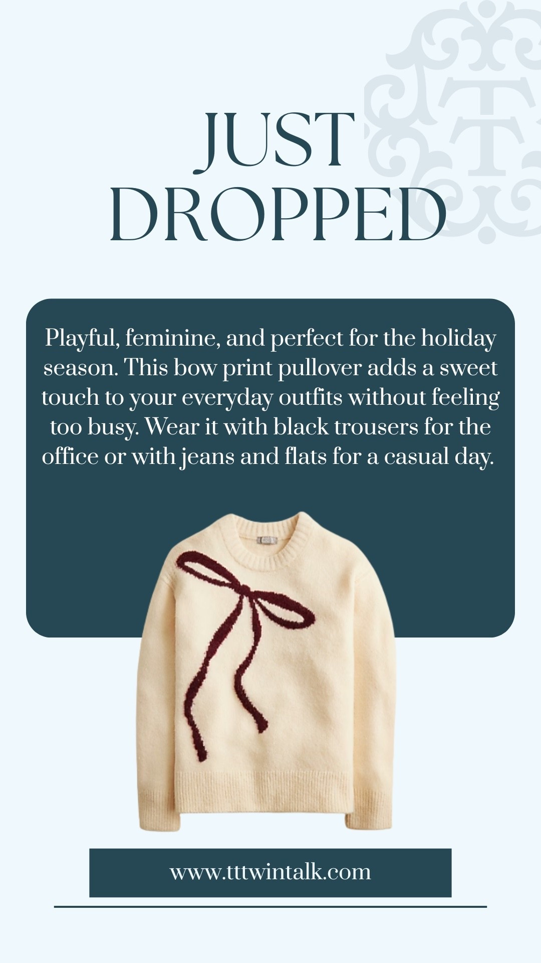 Playful, feminine, and perfect for the holiday season. This bow print pullover adds a sweet touch to your everyday outfits without feeling too busy. Wear it with black trousers for the office or with jeans and flats for a casual day.

#LTKHoliday #LTKSeasonal #LTKGiftGuide