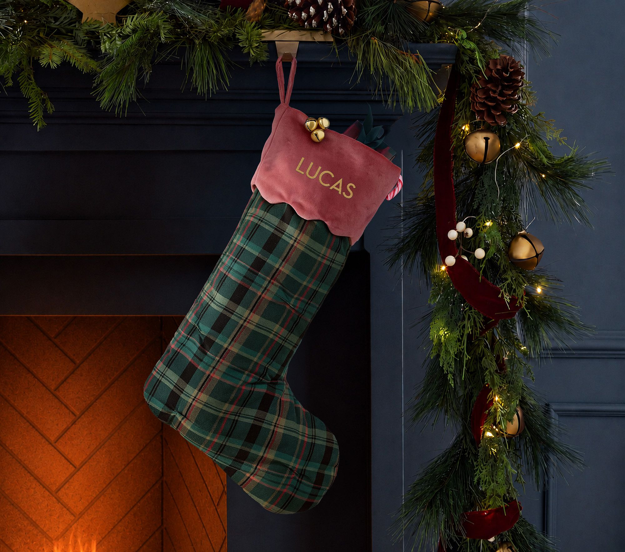 Chris Loves Julia Stocking, Green Plaid Red Cuff | Pottery Barn Kids