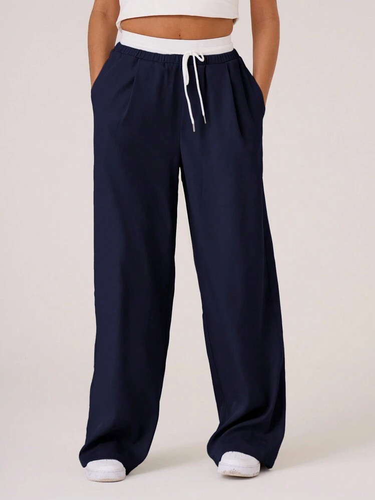 MUSERA Woven Contrast Waistband Tailored Trousers Old Money Airport Casual Work Office Fall Autumn Back To School Summer | SHEIN