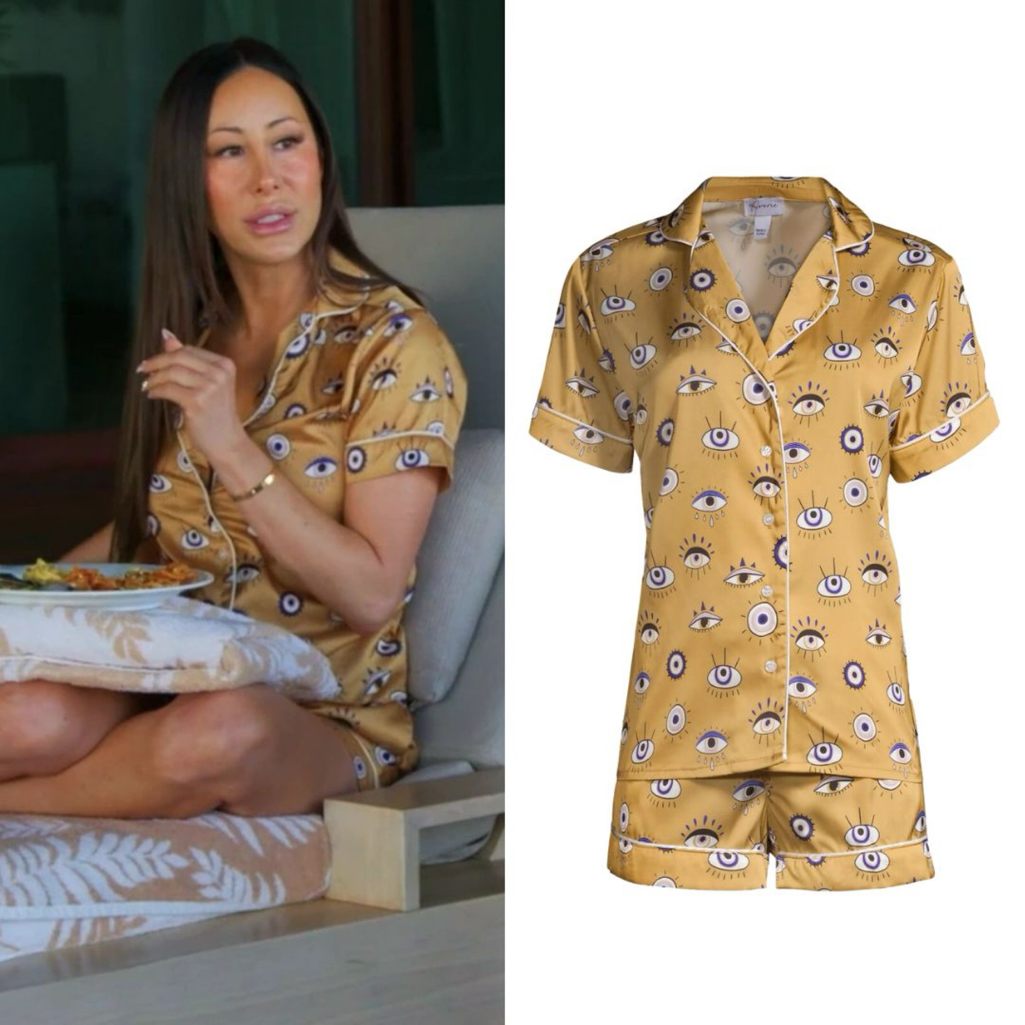 Angie Katsaneva’s Gold Evil Eye Pajama Short Set 