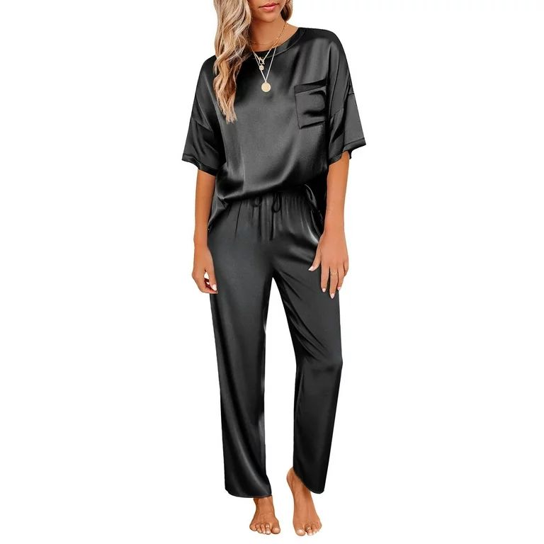 DAKIMOE Womens Silk Satin Pajama Set Short Sleeve Shirt with Long Pajama Pant Set Two-piece Pj Se... | Walmart (US)
