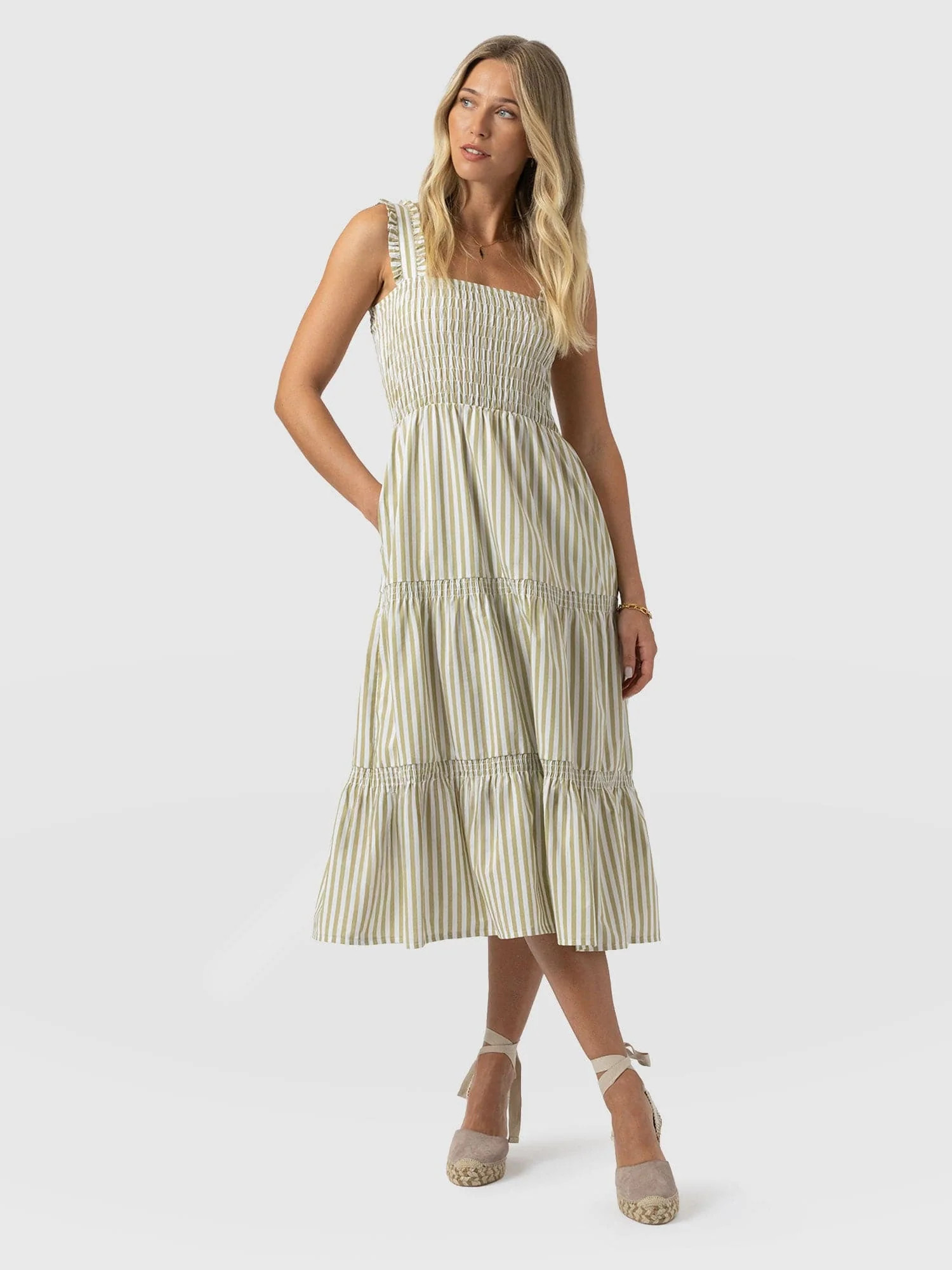 Maya Shirring Dress - Green Stripe | Saint + Sofia