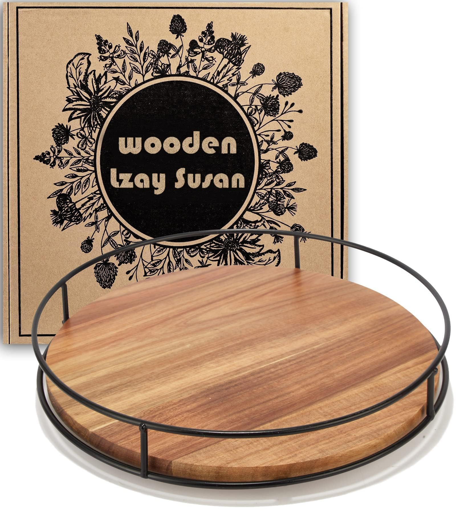 12" Acacia Wood Lazy Susan Turntable, Tomoaza Kitchen Organizer Turntable with Steel Sides, 360 D... | Amazon (US)