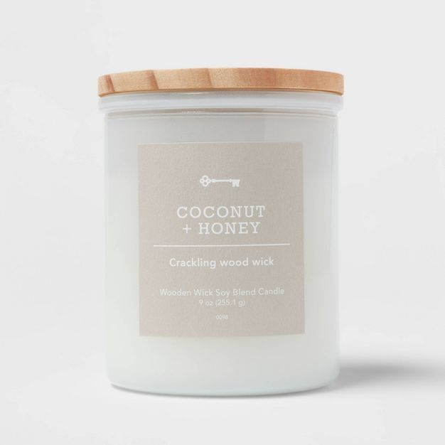 Milky White Glass Woodwick Candle with Wood Lid and Stamped Logo Coconut and Honey - Threshold™ | Target