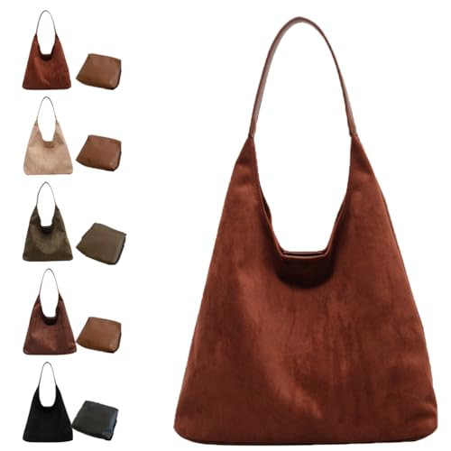 Brown Suede Bag,Suede Purse,Brown Suede Handbag,Suede Purses for Women,Chocolate Slouchy Tote Shoulder Handbags (Brown) | Amazon (US)
