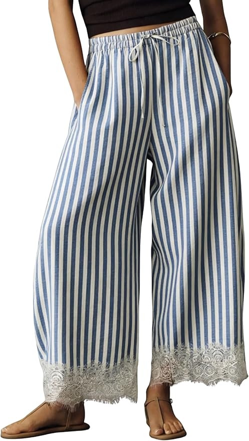 MINSURE Women's Striped Wide Leg Pants Drawstring Waist Lace Hem Cropped Trousers Casual Flowy Su... | Amazon (US)