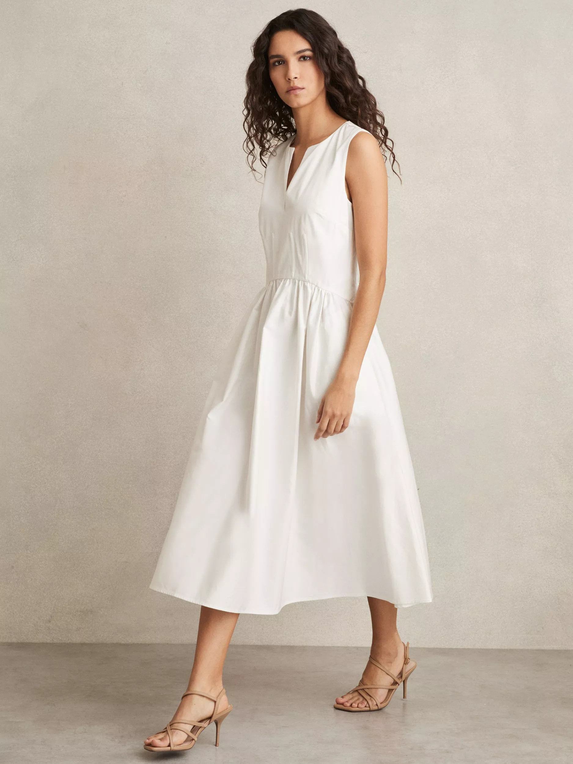 Reiss Liza Cotton A-Line Midi Dress, Ivory | John Lewis (UK)