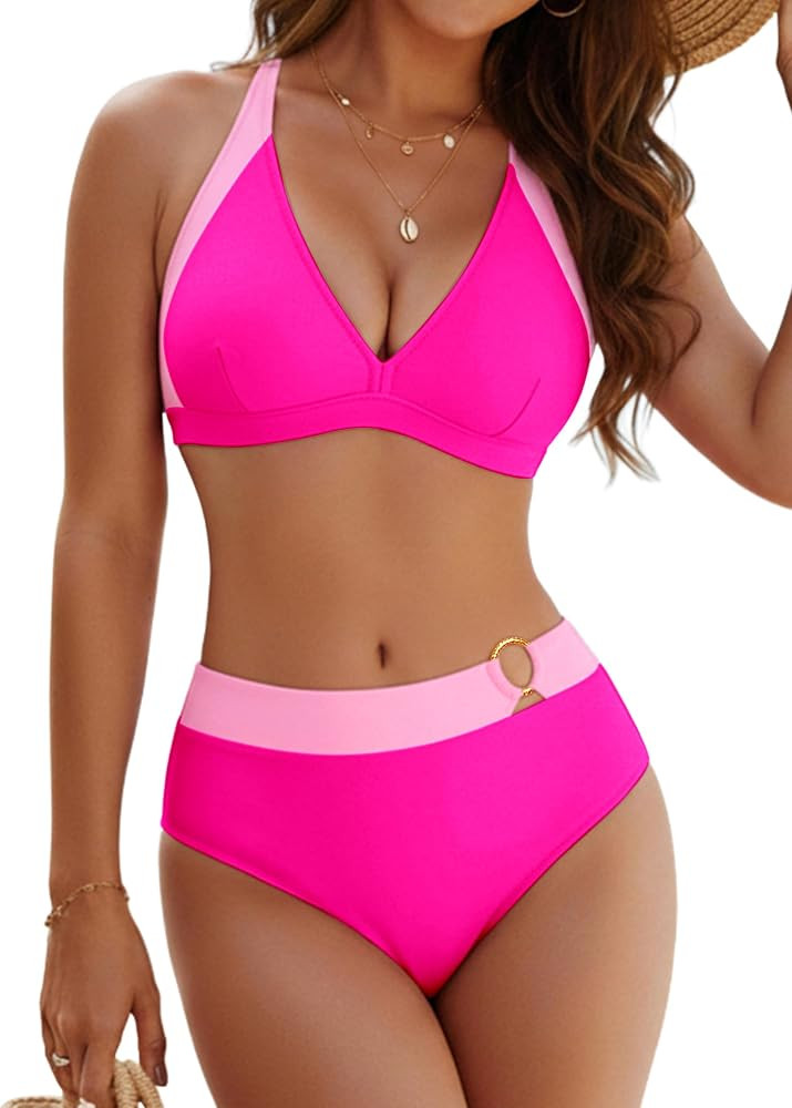 BMJL Womens Two Piece Swimsuit Color Block Triangle Bikini Sets Mid Rise Bathing Suits Cute Swimw... | Amazon (US)