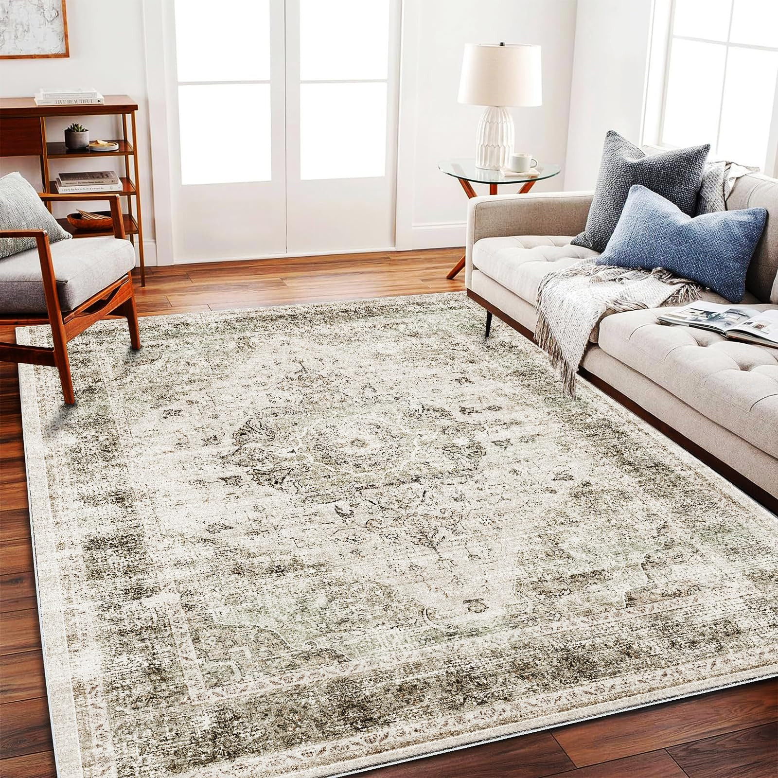 Area Rug 6'x9' Washable Vintage Floral Khaki Traditional Floor Cover Thin Retro Kitchen Indoor Di... | Amazon (US)