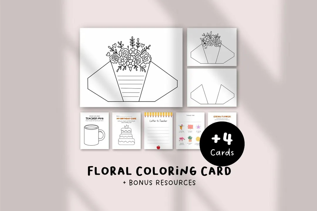 Floral Coloring Card Printable | DIY Teacher Appreciation Card From Kids | Color Your Own Bouquet... | Etsy (US)