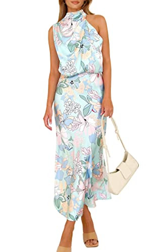 PRETTYGARDEN Women's 2025 Summer Satin Dress Elegant Sleeveless Mock Neck Cocktail Party Maxi Dresses (Print Blue,Medium) | Amazon (US)