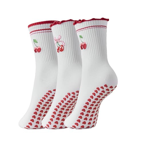 Bestag Cute Embroidery 3 Pairs Pilates Socks with Grips Non-slip Ruffle Yoga Sock Grip Socks for Women (US, Alpha, One Size, Regular, Regular, Sock set 1) | Amazon (US)