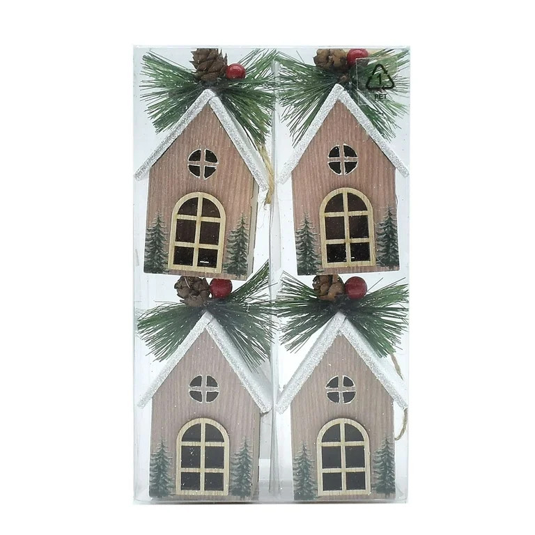 4-Count Nature Wooden Mini House with Pinecone Decorative Ornament Set, 0.19lb, by Holiday Time | Walmart (US)