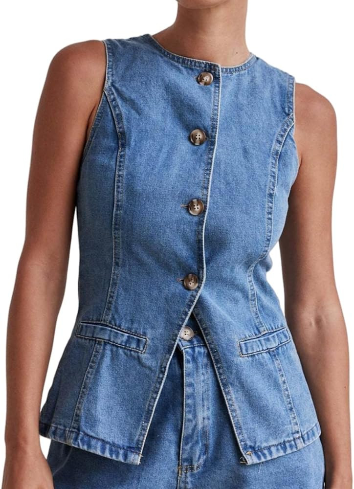 Perbai Women's Crewneck Button Down Denim Vest Tank Top Slim Jean Waistcoat Jacket with Pockets | Amazon (US)