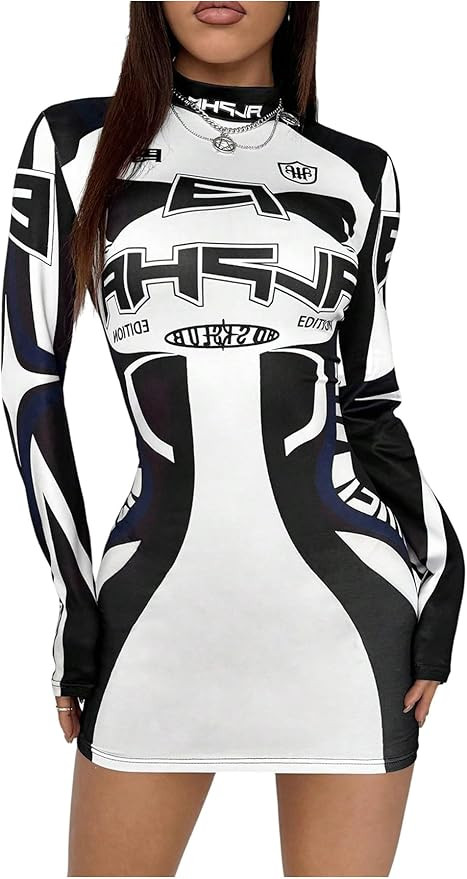 Milumia Women's Color Block Long Sleeve Mini Dress Y2k Mock Neck Bodycon Going Out Dresses | Amazon (US)