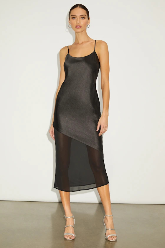 Drew Black Satin and Chiffon Midi Slip Dress | Lulus