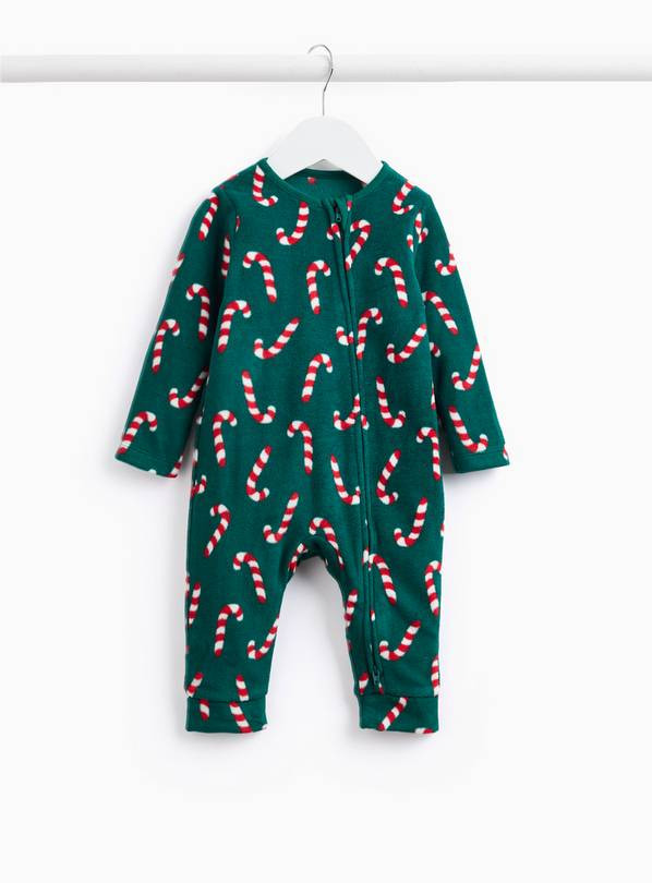 Matching Family Green Fleece Candy Cane Printed Sleepsuit Up to 1 mth | Tu Clothing