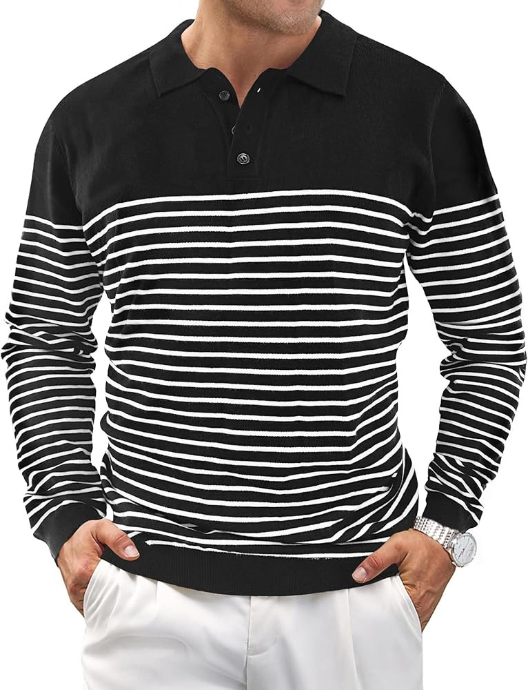 Knit Sweater for Men Long Sleeve Polo Shirt Striped Casual Golf Shirts | Amazon (US)