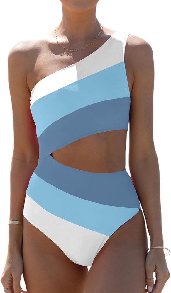 Hilinker Cut Out One Piece Bathing Suit for Women Color Block One Shoulder Swimsuit | Amazon (US)