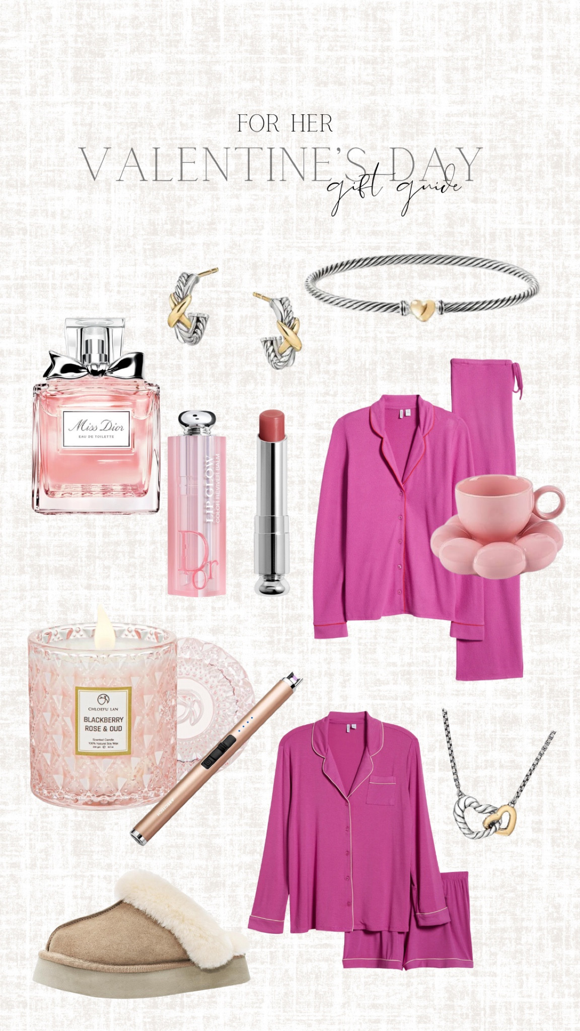 Valentine’s Day gift guide for her // 
Dior perfume 
David Yurman 
Candle 
Candle Electric Lighter 
Home gifts 
Slippers
Cozy slippers 
Mug 
Pink mug 
Lip gloss
Lip tint 
Dior lip gloss 
Heart necklace
Heart bracelet
Pink gift
Pink gifts 
Vday gift guide 
Valentines Day
Moms 
Gifts for her  
Teens gift guide 
Valentine’s Day 
Gift guide for her 
Valentine’s Day gift guide for her 