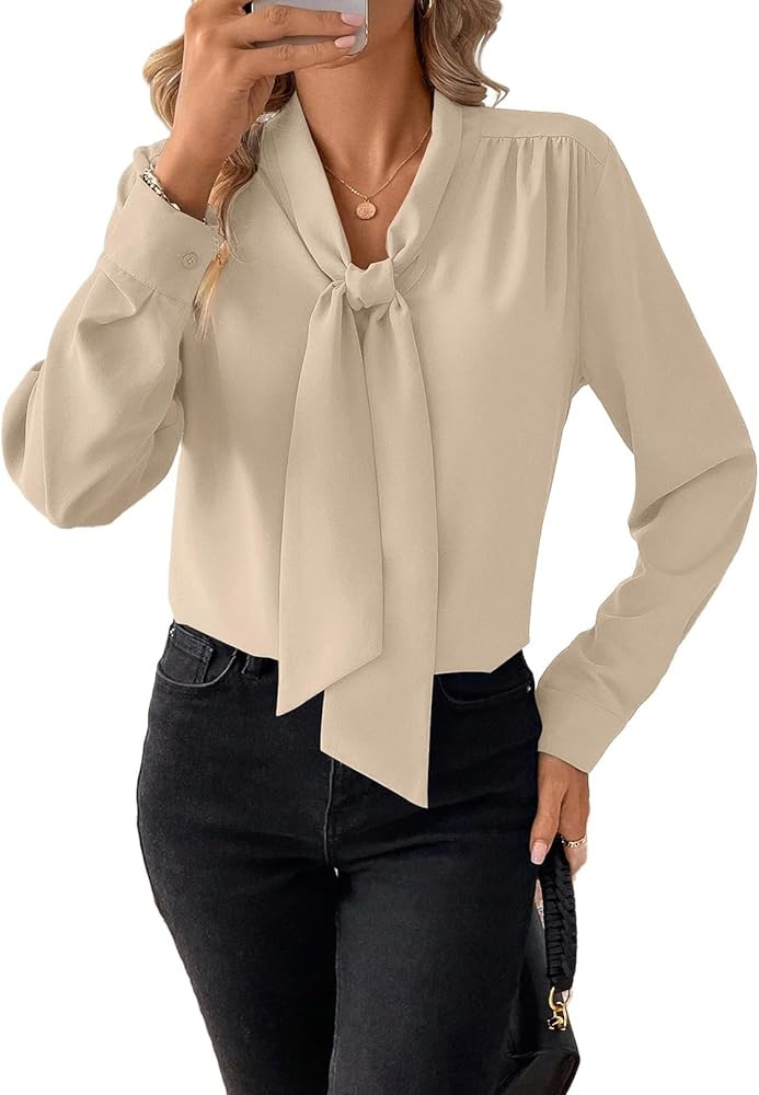 Astylish Women's Bow Tie Neck Tops 2026 Long Sleeve Dressy Loose Casual Elegant Business Work Blo... | Amazon (US)