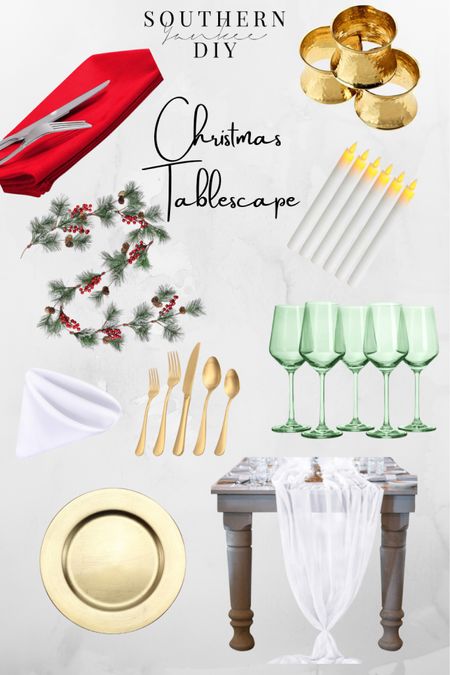 Christmas Tablescape and Centerpiece: Christmas decor, Christmas table decor, Christmas table setting, gold silverware, red napkins, glassware, candle sticks 

#LTKSeasonal #LTKHoliday #LTKhome