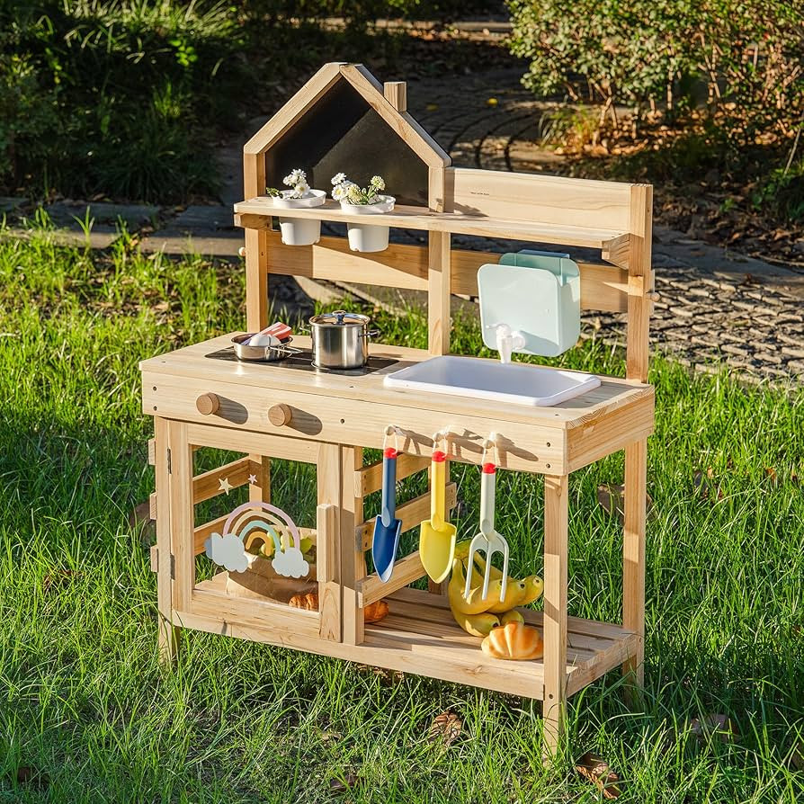 ROBOTIME Kids Mud Kitchen, Wooden Playset with Sink, Blackboard, Stove, Tap, Utensils & Storage ... | Amazon (UK)