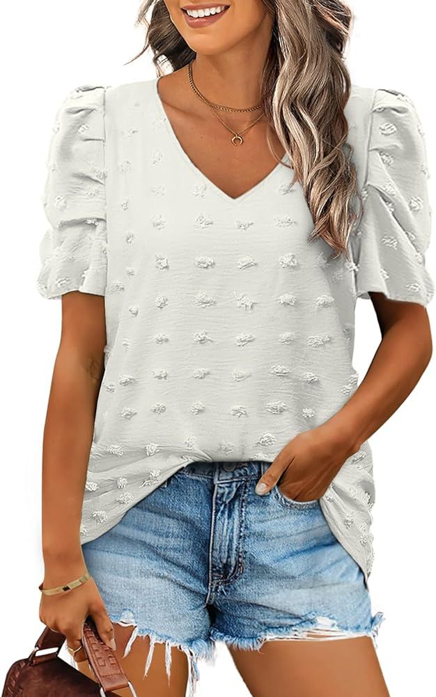 FAPPAREL Short Sleeve Tshirts for Women Chiffon V Neck Blouses Cute Puff Sleeve Tops | Amazon (US)