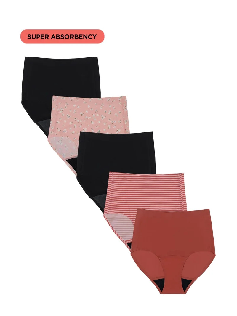 No Boundaries High-Rise Brief Super Absorbency Period Underwear, 5-Pack, Women\u2019s Sizes S-XXL | Walmart (US)