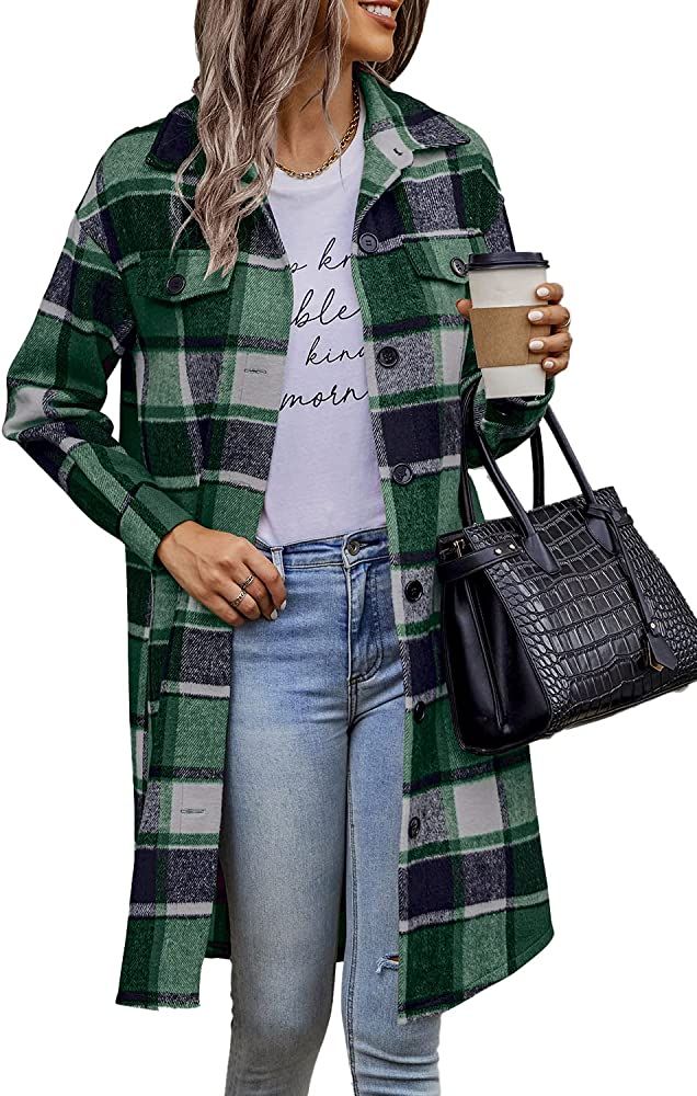 PRETTYGARDEN Women's Plaid Shacket 2023 Long Sleeve Button Up Flannel Shirt Winter Tartan Jacket ... | Amazon (US)