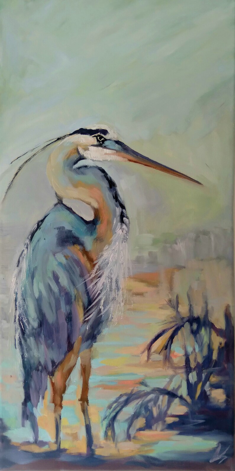Original Blue Heron Oil Painting, Tall Blue Bird Oil Painting, Waterbird Art - Etsy | Etsy (US)