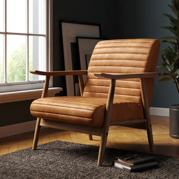 Quinn Tan Faux Leather Wooden Arm Accent Chair | Dunelm