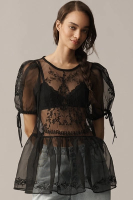 By Anthropologie Sheer Lace Peplum Blouse | Anthropologie (US)
