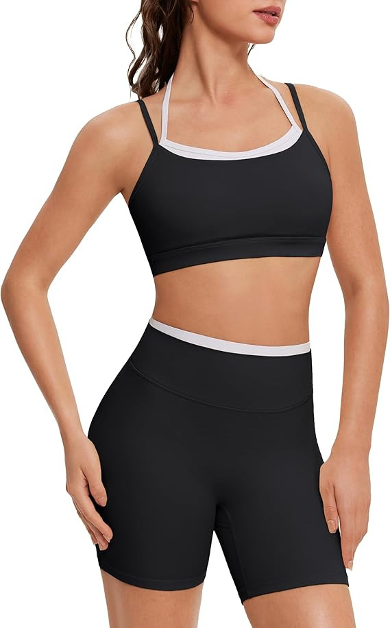 OMKAGI Workout Sets for Women Cute Doubel Layer Open Back Sports Bras Gym Shorts Outfits | Amazon (US)