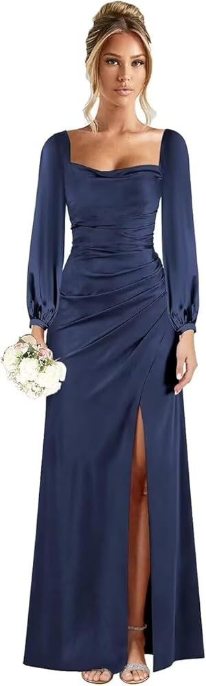 Long Sleeve Satin Bridesmaid Dresses for Wedding Mermaid Prom Dress 2025 Formal Evening Gown | Amazon (US)