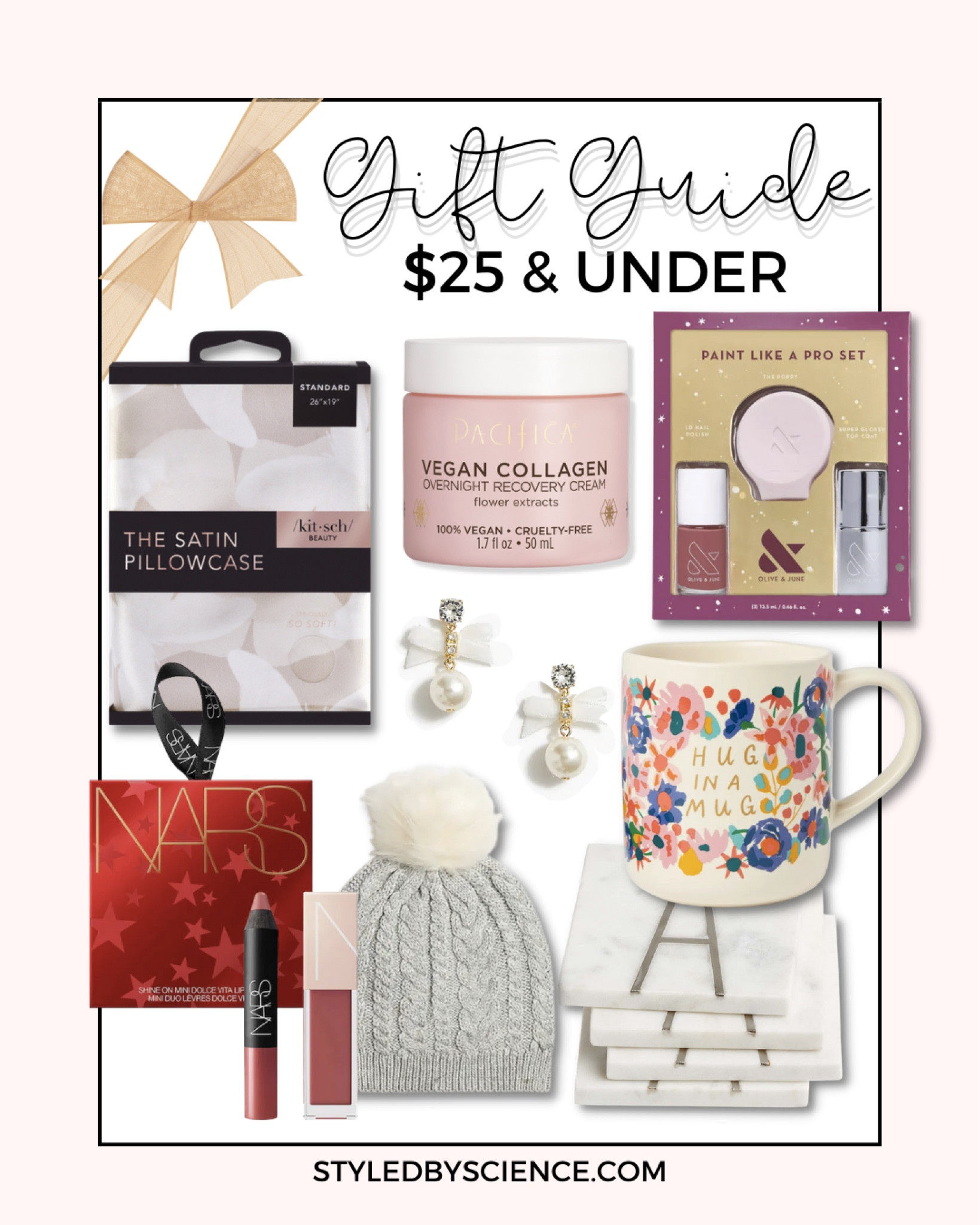 Christmas Gifts Under 25, Christmas gift guide $25 and under - satin pillowcase, beauty gift set, Nars makeup set, pompom beanie hat, cute holiday mugs, vegan collagen eye cream, affordable skincare gifts, marble coasters, gifts for the host, nail polish set, stocking stuffer gifts, Pearl earring studs, affordable jewelry gifts 

#LTKHoliday #LTKunder50 #LTKbeauty