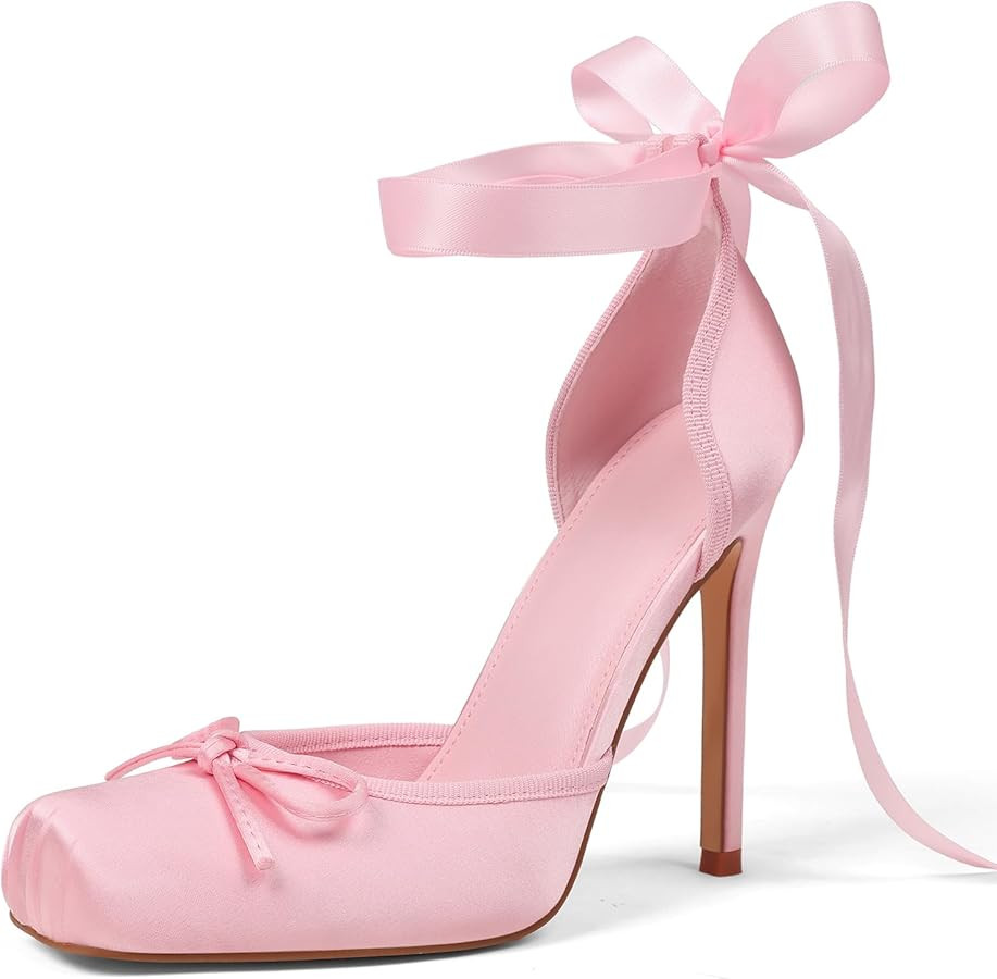Celbreez Ballet Heels Closed Toe Heels for Women Satin Ballerina Bow Heel Stiletto Lace Up Nude H... | Amazon (US)